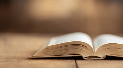 Obraz premium Open book resting on wooden surface, cozy reading atmosphere, warm lighting enhances inviting textural details, perfect for literary themes.