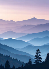 Obraz premium Serene mountain silhouettes and layered landscape at dusk.
