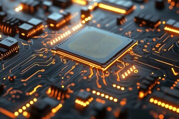 Close-up of a Glowing Circuit Board with Processor