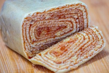 Traditional roll cake also known as Swiss roll, filled with guava paste, a typical cake from...