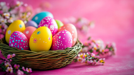 Obraz premium Colorful easter eggs in nest spring flowers festive decor joy pink blue cute green happy image yellow