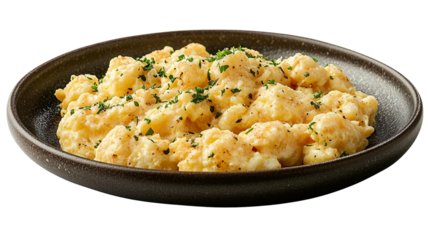 plate of creamy scrambled eggs garnished with herbs, served on dark dish. eggs appear fluffy and seasoned, making for delicious breakfast option