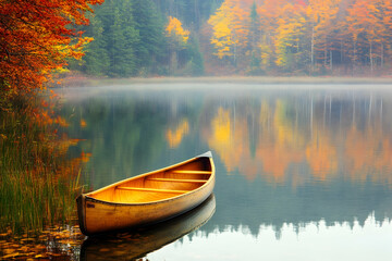 A wooden canoe gently floating on a serene autumn lake