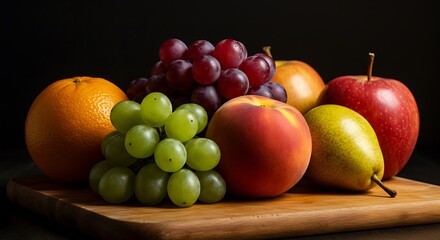 Assortment of Fresh Fruits on Wooden Board - Healthy eating concept - Cookbook or culinary blog material