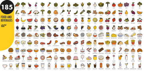 Food and beverages big colorful thin line icons set. Fruits, vegetables, nuts, sweets, cheese, diary, meat, seafood, fast food, pastry, seeds, berries, drinks, cakes, meals, vector illustration