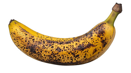 ripe banana with brown spots on its yellow peel, indicating sweetness and readiness to eat. banana is isolated on transparency background, showcasing its natural texture and color