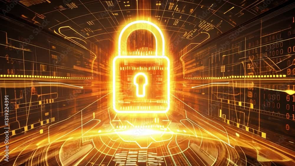 Poster futuristic cybersecurity glowing digital padlock in virtual network environment surrounded by data s