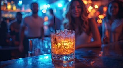 A vibrant night scene at a bar featuring a group of five friends engaged in lively conversation.
