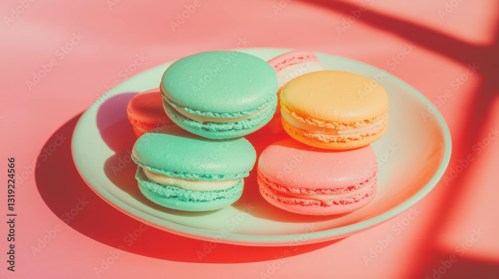 Poster colorful macarons on plate in studio lighting for dessert presentation and design