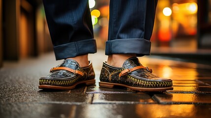 Close up of stylish male shoes boots. Outdoor fashion shoes boots footwear concept.
