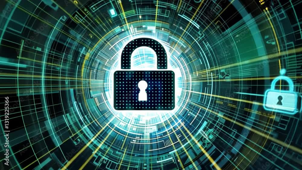 Poster futuristic digital padlock symbolizing cybersecurity and data protection surrounded by glowing netwo