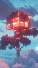 Futuristic Cube House Atop a Giant Tree in the Clouds
