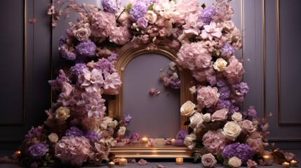 realistic looking golden tall 3d modern shaped border with standing on podium, there is a stunning eye catchy real flower arrangement with purple roses and white hydrangies standing besides frame