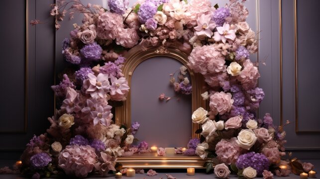 realistic looking golden tall 3d modern shaped border with standing on podium, there is a stunning eye catchy real flower arrangement with purple roses and white hydrangies standing besides frame