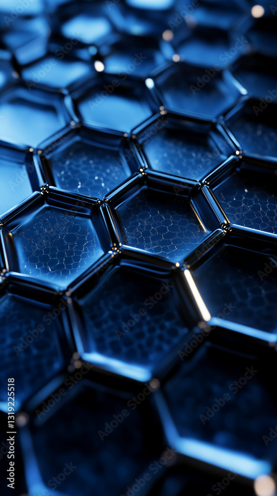 Poster close-up view of a dark blue hexagonal pattern, glossy and reflective, suggesting a technological or