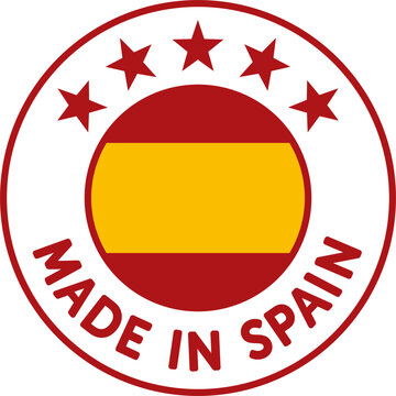  Insignia, pegatina o icono de 'Made in Spain' que simboliza la calidad y el origen de los productos espa&ntilde;oles. Vector ligero y escalable para la web. Fondo en blanco, texto en rojo. Alta resoluci&oacute;n.