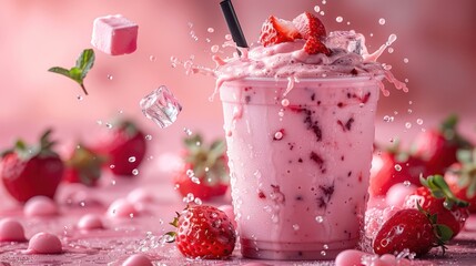 Product photo fresh burst strawberry milkshake cup take away with black straw, strawberry , splash ice cube and flying mint, mallow color background, the inclined cup take away tilts and flies up. 