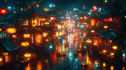 Rainy Night in a Vibrant Chinese Water Town