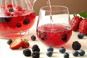 fresh juice bar Refreshing berry drink being poured into a glass, surrounded by fresh strawberries, blackberries, and blueberries.