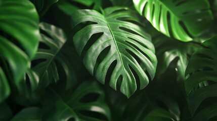 Lush green foliage, vibrant tropical leaves with natural textures and shades, perfect for botanical themes and backgrounds.