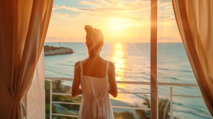 Rear back view woman opening curtains, relaxing and looking beautiful seascape panorama with rays of sun light in holiday on the balcony in high quality hotel feeling happy. Composition of nature