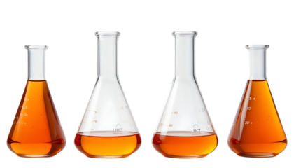 Four glass laboratory flasks filled with orange liquid for scientific research studies