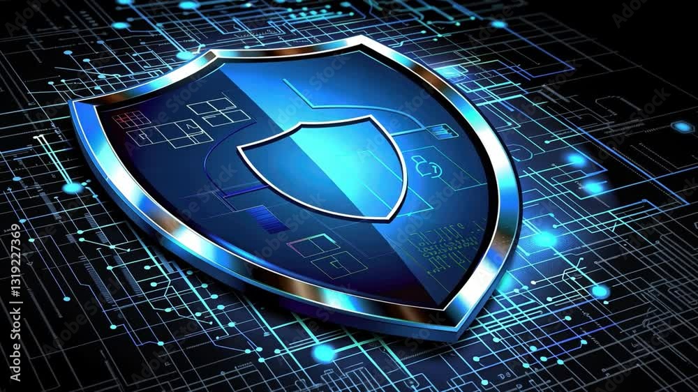 Poster digital shield symbolizing cybersecurity protection on circuit board technological network of data s