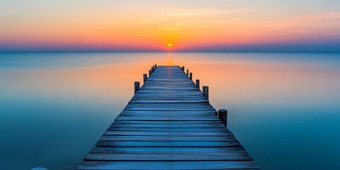 Naklejka premium Wooden Pier Stretching Out into a Calm Sea at Sunrise for Travel Escapes, Coastal Serenity, or Minimalist Photography