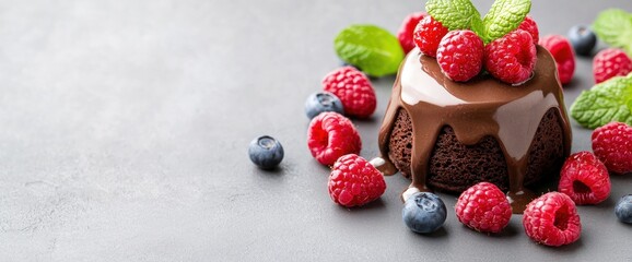 Decadent chocolate cake decorated with fresh berries and mint garnish showcasing gourmet vegan desserts in a luxurious style © WIrul