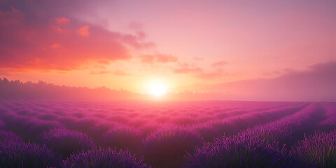 Obraz premium Breathtaking Sunrise Over a Vast Lavender Field for Nature Scenery, Aromatherapy Promotion, or Floral Art Projects