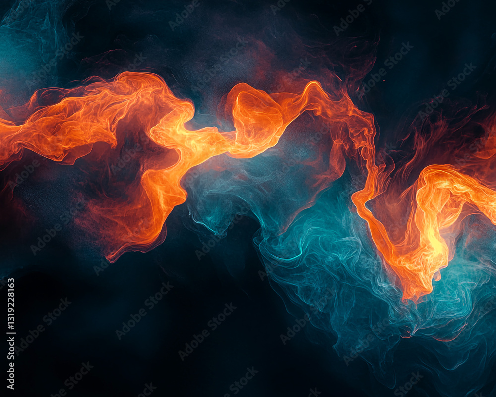 Poster abstract image of swirling orange and teal smoke on black background, creating a dynamic and energet