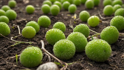  Unripe green fruits resting on the soil, indicating the early stages of fruit development.