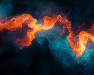 Fototapeta premium Abstract image of swirling orange and teal smoke on black background, creating a dynamic and energetic composition, showcasing fluidity and contrast