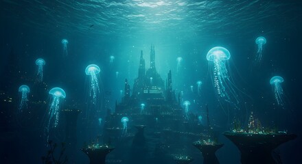 Underwater city illuminated by glowing jellyfish and ancient architecture in an enchanting oceanic setting Generative AI