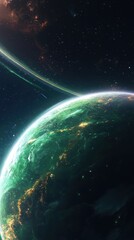 Obraz premium Breathtaking planet with a bright green glow captured in a stunning sci-fi odyssey through an alien landscape