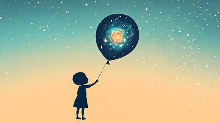 A silhouette of a child holding a balloon with a galaxy design against a dreamy sky.