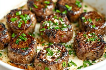 Delicious cooked beef medallions served on a white plate together