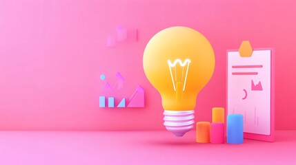 Colorful light bulb with pink background, creative concept for innovation and ideas, playful design with vibrant colors.