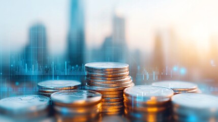 Modern cityscape with glowing skyscrapers, vibrant urban skyline, financial hub, emphasis on growth and innovation.