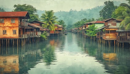 Fototapeta premium Scenic river village, stilt houses, calm water.