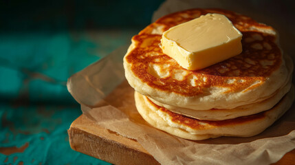 Delicious crumpets with butter on bright background for breakfast or brunch
