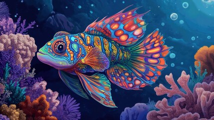 A beautiful mandarin fish with intricate patterns and psychedelic colors swimming near a coral reef.