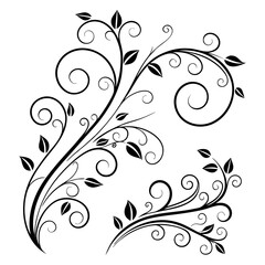 Two Stylized Floral Swirl Designs in Black Ink, Featuring Curvilinear Vines with Leaf Accents on a Plain White Background.