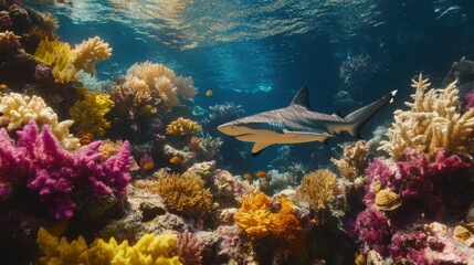 Fototapeta premium A blacktip reef shark cruising through a coral reef, surrounded by colorful marine life.