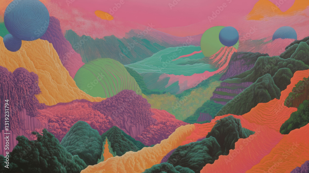 Poster vibrant abstract landscape with surreal elements for artistic design