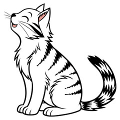A Cartoon Cat Sitting with a Peaceful Expression, Featuring Black Stripes on White Fur, Pink Inner Ears, and a Curled Tail, Against a Clean White Backdrop.