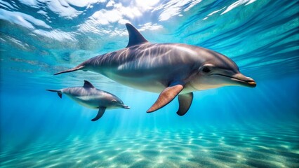 Oceanic Pair A Mother Dolphin and Her Calf Gracefully Glide Through Sunlit Waters