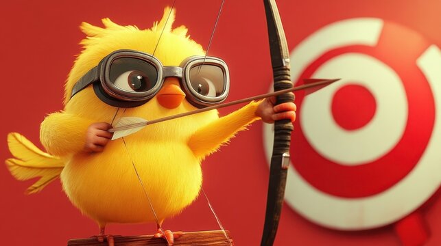 A Cute Yellow Chicklet Aims An Arrow At A Target