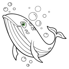 A Line Art Drawing of a Cartoon Whale Swimming Among Bubbles, Suitable for Coloring..