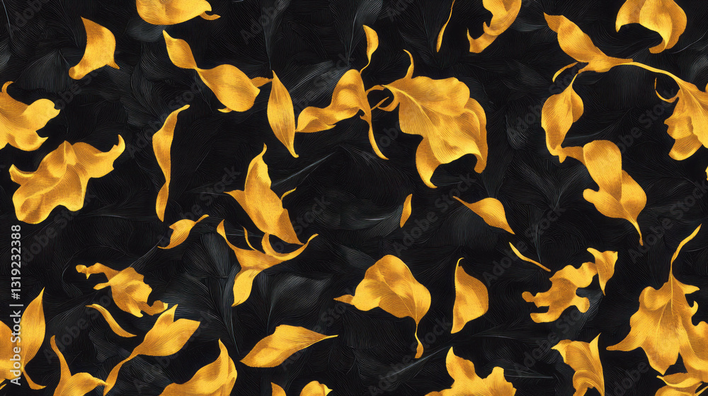 Poster Elegant and simple abstract pattern with golden leaves on dark background
